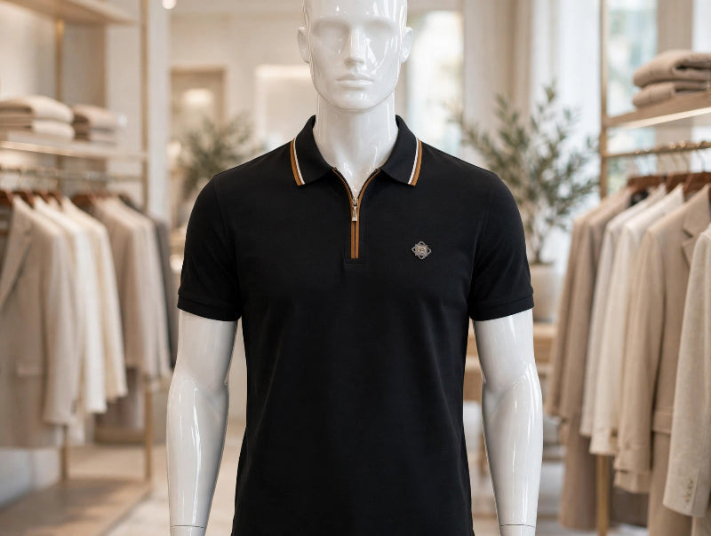 A black short-sleeve polo shirt with a quarter-zip collar, featuring gold and white striped trim on the collar and a small gold embroidered logo on the chest.