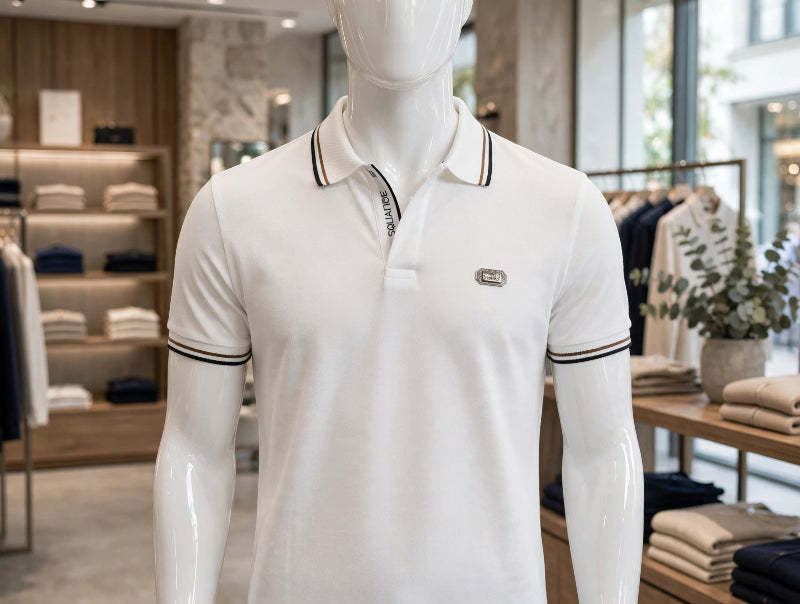 A white Lacoste polo shirt displayed on a glossy white mannequin torso inside a clothing boutique. The polo features classic double stripe detailing in black and beige on the collar and sleeve cuffs, with the Lacoste crocodile logo embroidered on the left chest.