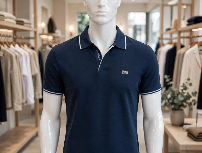 A navy blue polo shirt with white piping on the collar and sleeve cuffs, displayed on a white mannequin torso inside a clothing store.