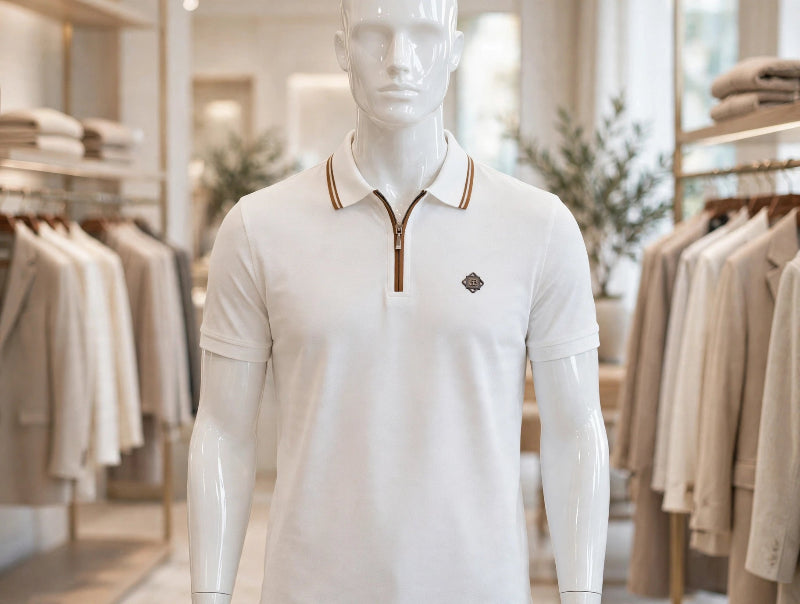A white short-sleeve polo shirt with a brown zipper collar and a small embroidered logo on the chest.
